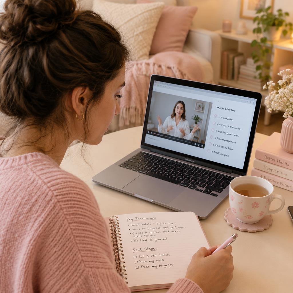 Woman taking an online course at home