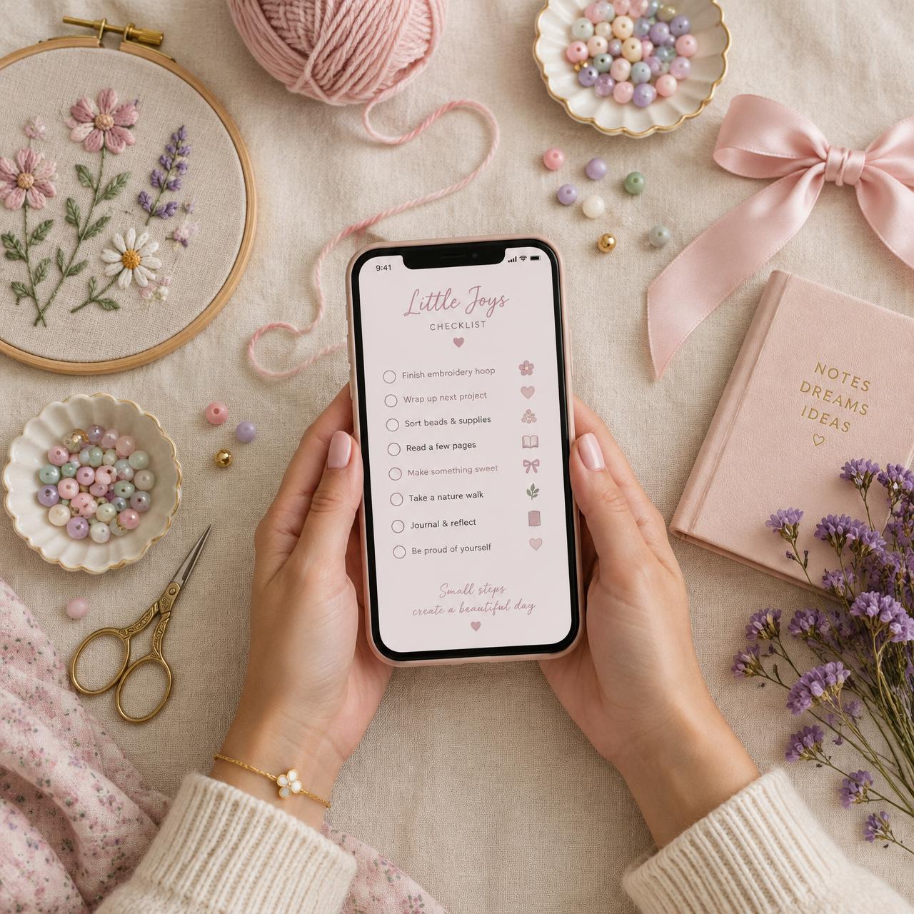 Hands holding a phone with a craft checklist, surrounded by embroidery, yarn, and beads