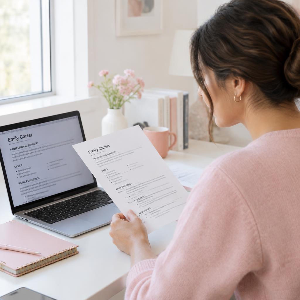 Woman reviewing her résumé
